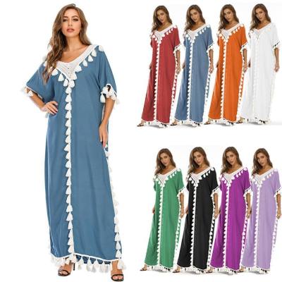 Women's Middle Eastern Large Size Robe V-Neck Blouse Tassel Stitching Dress Dress