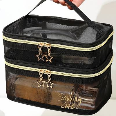 New high-capacity mesh makeup bag with transparent double-layer mesh storage bag, portable outdoor travel toiletries bag