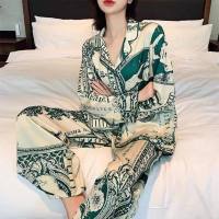 New style pajamas for women in spring and autumn long-sleeved ice silk net celebrity style ins cardigan high-end home clothes suit  Multicolor