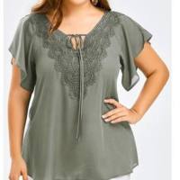 Women's trumpet sleeve short-sleeved T-shirt lace patchwork top plus size women's clothing  Gray