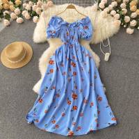 Small fresh French retro fairy slim floral dress high waist drawstring pleated waist slim long skirt  Blue