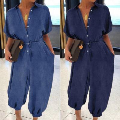 Spring new European and American solid color large size casual short-sleeved denim jumpsuit
