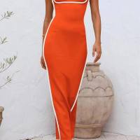Abbigliamento femminile europeo e americano, bretelle sexy alla moda, colore a contrasto, abito sottile  arancia