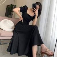 Vestido novedad de verano vestido de té ins temperamento un hombro hasta la rodilla estilo Hepburn gordo mm pequeño vestido negro  Negro