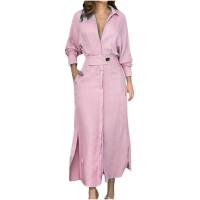 European and American women's blue dress elegant spring and summer commuting long-sleeved dress  Pink