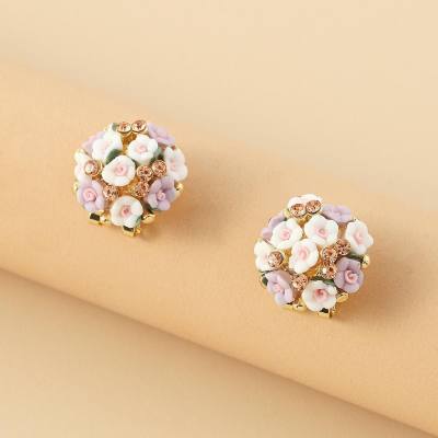 Korean fashion romantic ceramic rose diamond alloy earrings temperament earrings exquisite earrings jewelry popular