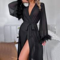 European and American summer new imitation silk feather long sleeve pajamas robe comfortable straps ladies home clothes  Black