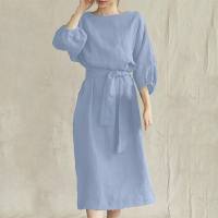 New style temperament medium-length high waist tie solid color round neck dress ladies party dress  Light Blue