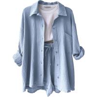 European and American women's clothing wrinkled lapel long-sleeved shirt high waist drawstring shorts fashionable casual two-piece suit  Light Blue