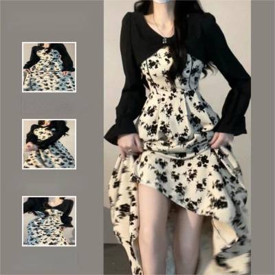 Spring and autumn two-piece pure desire style sweet and spicy dress female design sense splicing long-sleeved floral dress hollow long skirt