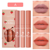 3 Strawberry Set Box with Velvet Mist Matte Lip Glaze Lipstick Lip Colored Women's Non stick Cup Cute Set  Multicolor1