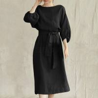 New style temperament medium-length high waist tie solid color round neck dress ladies party dress  Black