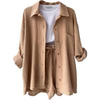 European and American women's clothing wrinkled lapel long-sleeved shirt high waist drawstring shorts fashionable casual two-piece suit  Khaki