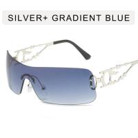 نظارات Y2K ذات الطراز الأمريكي القديم، نظارات شمسية من طراز Y2K من جيل الألفية الساخنة للفتيات، نظارات شمسية من قطعة واحدة بدون إطار ذات طابع شخصي عالي الجودة  أزرق
