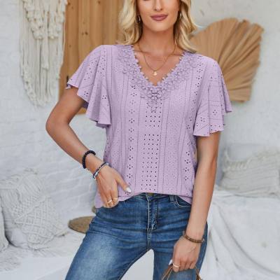 European and American women's spring and summer new lace V-neck lotus leaf sleeve solid color loose T-shirt