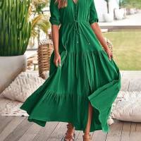 European and American women's popular V-neck button drawstring hem slit short sleeve dress  Deep Green