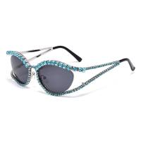 Katzenaugen-Diamant-Sonnenbrille Europäische und amerikanische Straßenfotografiebrille Internet-Promi-Modell farbige Diamant-Sonnenbrille mit Sonnenschutz für Frauen  Blau