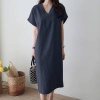 European and American cross-border Amazon independent station fashion daily elegant V-neck short-sleeved casual comfortable mid-length dress  Deep Blue