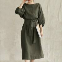 New style temperament medium-length high waist tie solid color round neck dress ladies party dress  Army Green