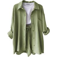 European and American women's clothing wrinkled lapel long-sleeved shirt high waist drawstring shorts fashionable casual two-piece suit  Light Green