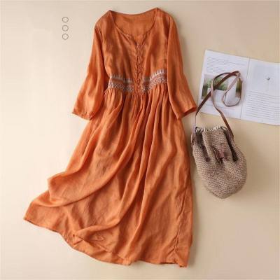 Spring and summer new cotton and linen ethnic style embroidered dress literary temperament round neck nine-point sleeves medium and long cotton skirt for women