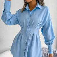 Ins style real shot autumn and winter leisure lantern sleeve waist asymmetrical dress shirt skirt  Blue