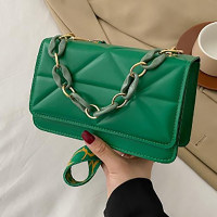 Fashion bag, women's bag, new pressed grid small square bag, wide shoulder strap, single shoulder crossbody bag, acrylic chain bag  Green
