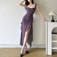 Estilo europeo y americano Primavera y novedad de verano ropa de mujer sexy tubo con tirantes vestido largo con abertura en la cadera  Púrpura