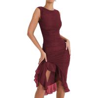 Summer new round neck sleeveless dress fashion hot sale sexy tight backless pleated midi dress  Red