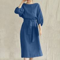 New style temperament medium-length high waist tie solid color round neck dress ladies party dress  Deep Blue