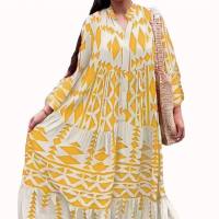 European and American plus size women's clothing Amazon new elegant printed shirt skirt Bohemian dress  Yellow