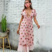 Plus size women's spring sweet puff sleeve mesh dress French v-neck lace-up long skirt  Pink