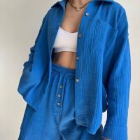 European and American women's wrinkled collar long sleeved shirt, high waisted drawstring shorts, fashionable and casual two-piece set  Blue
