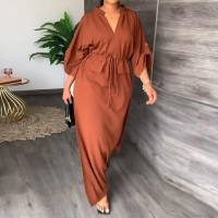 New European and American women's early autumn temperament V-neck tie waist loose casual slit dress  Taupe