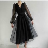 New style fairy sexy deep V mesh bubble long sleeve dress slim waist dress  Black