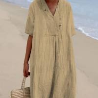 Ready-to-wear women's solid color cotton and linen dress  Khaki