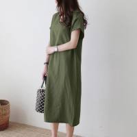 European and American cross-border Amazon independent station fashion daily elegant V-neck short-sleeved casual comfortable mid-length dress  Army Green