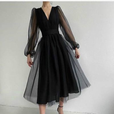 New style fairy sexy deep V mesh bubble long sleeve dress slim waist dress