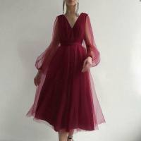 New style fairy sexy deep V mesh bubble long sleeve dress slim waist dress  Red
