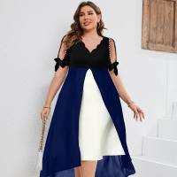 Spring and summer new large size women's V-neck splicing fake two-piece irregular sleeve dress  Blue
