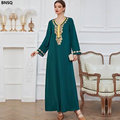 Spring, Summer and Autumn European and American high waist waist Chinese style retro printed pullover long skirt green embroidered dress