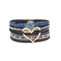 Bracelet bohème en cuir multicouche tressé à la main, bracelet en or avec grand cœur pour femmes, offre spéciale  Bleu