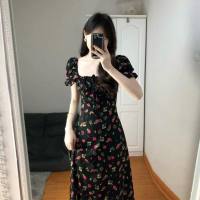 Black small floral dress new summer style square collar puff sleeves slit waist slimming A-line skirt  Multicolor