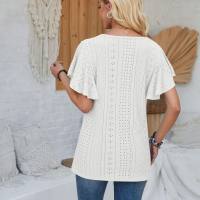 European and American women's spring and summer new lace V-neck lotus leaf sleeve solid color loose T-shirt  White