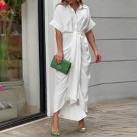 Summer new European and American women's wear tie waist short sleeve single breasted solid color shirt dress  White