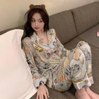 New style pajamas for women in spring and autumn long-sleeved ice silk net celebrity style ins cardigan high-end home clothes suit  Style 1