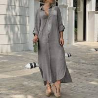 New summer European and American women's cotton and linen shirt collar button dress long dress wholesale  Gray