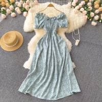 Small fresh French retro fairy slim floral dress high waist drawstring pleated waist slim long skirt  Light Green