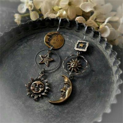 Mingcheng European and American retro pentagram sun moon long pendant earrings in stock