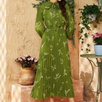 فستان الخريف والشتاء مزاجه سيدة فرنسية أنيقة تنورة شيفون زهرية مطوية  أخضر